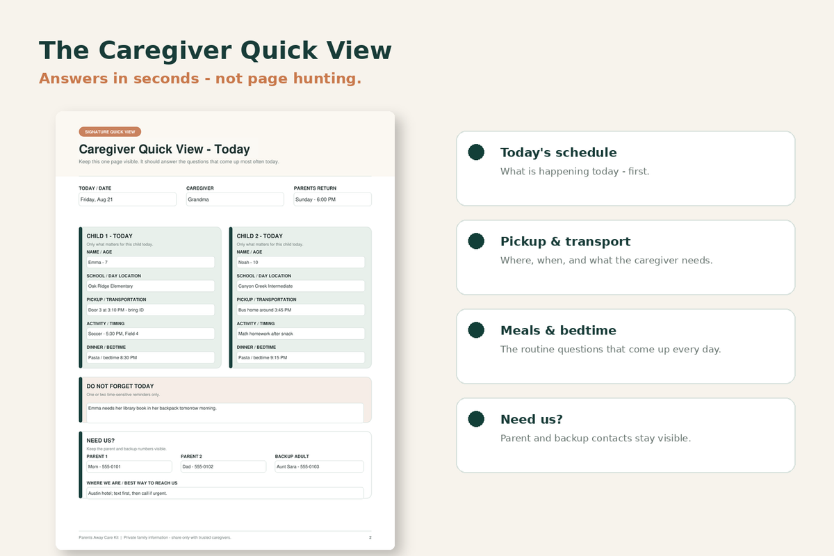 Caregiver Quick View with child schedule pickup activities meals and parent contacts