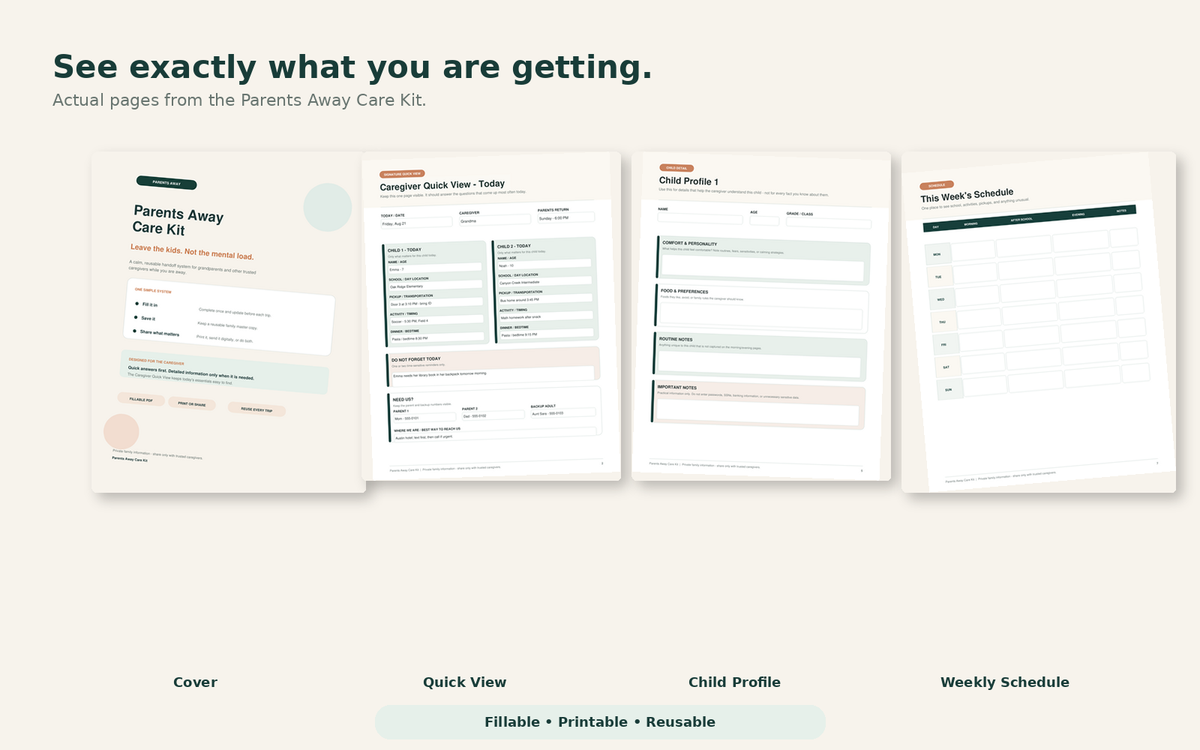 Preview pages from the Parents Away Care Kit fillable caregiver PDF